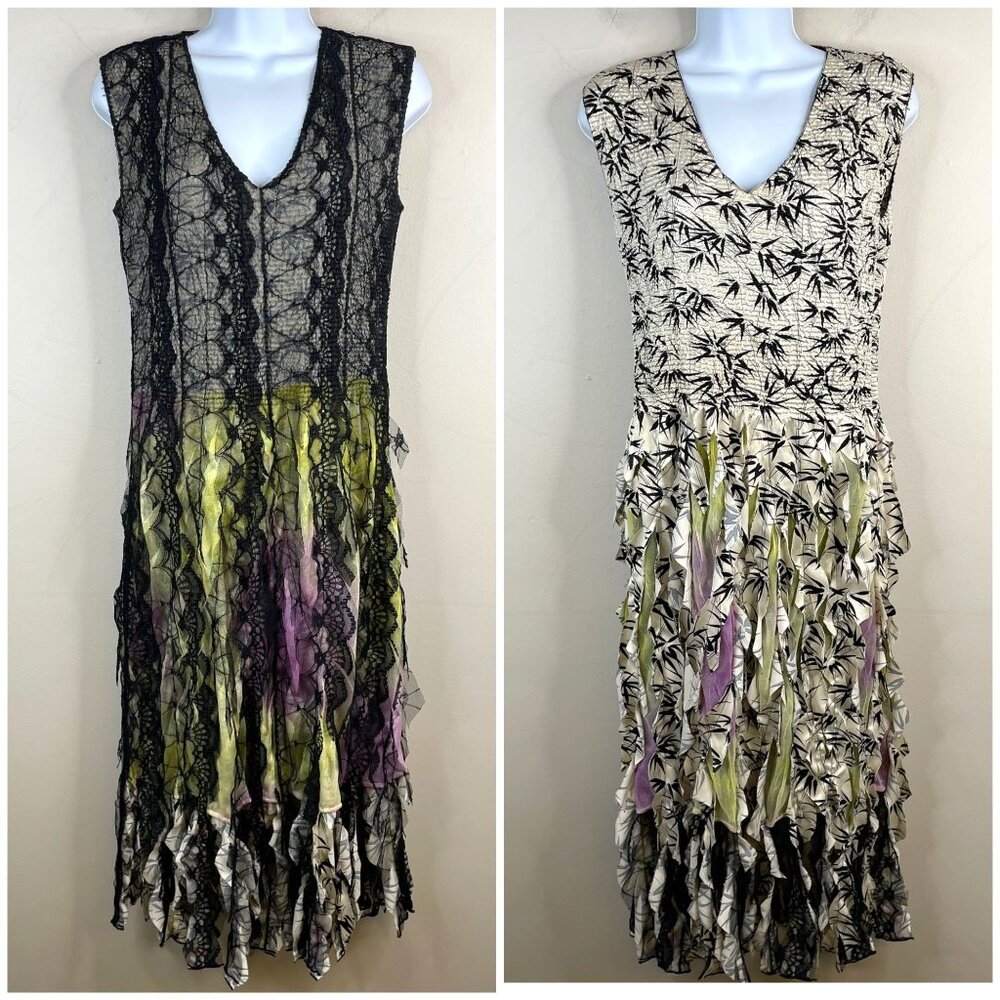 Lindi NY Whimsigoth Fairy Grunge Midi Dress Size M Reversible Fringe Lace Flowy